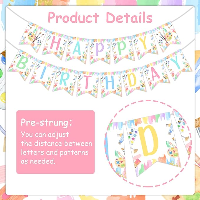 Art Party Decorations Girl Pastel Happy Birthday Banner Pre-Strung Macaron Crayon for Rainbow Painting Drawing Artist Theme Party Supplies