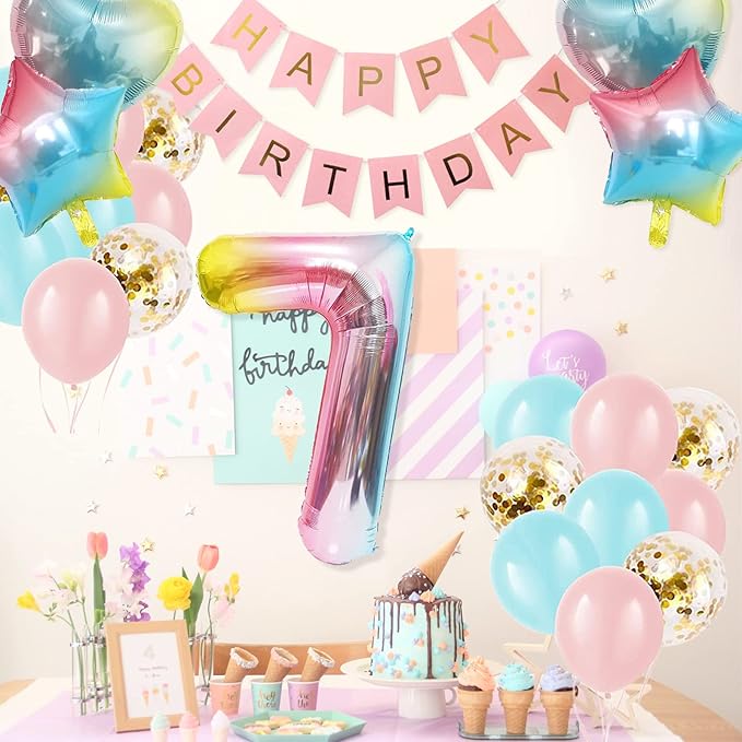 7th Birthday Decorations for Girls Gradient color Age 7 Birthday Balloons with Happy Birthday Banner for Baby showers Seventh Birthday Party Supplies for Girls Boys (7th-Birthday)