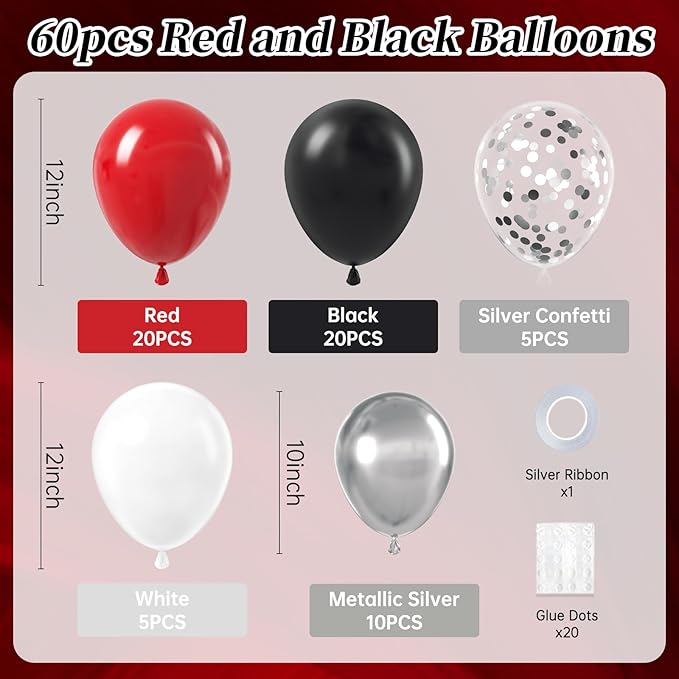 Red and Black Balloons, 60pcs 12inch Red Black White Silver Confetti Balloons for Graduation Birthday Party Decorations