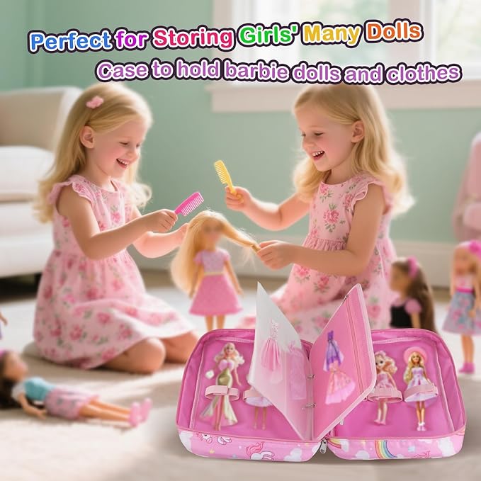 Doll Carrying Case Accessory Organizer Storage, Case to Hold Dolls and Clothes, Much Pocket for Doll’s Clothes, Accessories, Fits 6 Dolls & Accessories, Secure Straps Protect Dolls - Pink