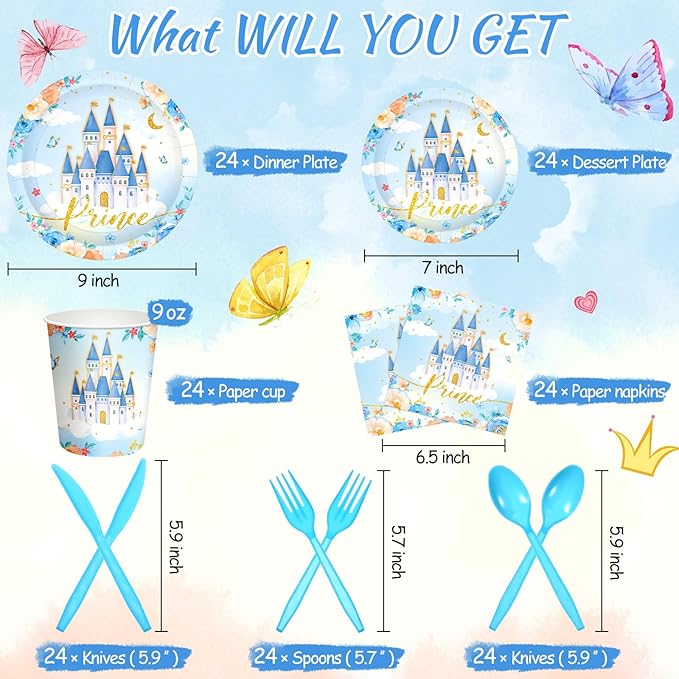 Meanplan 168 Pcs Prince Princess Party Decorations Blue Castle Plates Napkins Cups Fork Spoon Knives Disposable Tableware Set for Girl Boy Baby Shower Birthday Party Supplies Serves 24 Guest