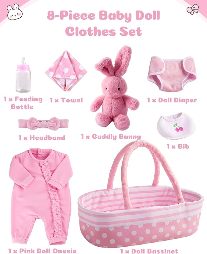 JIZHI 8 Pcs Reborn Baby Doll Clothes Set with Bassinet for 17-22 Inch Dolls, Baby Dolls Clothes and Doll Accessories Set fit Realistic Baby Doll Girl, Pink