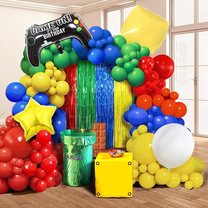Super Bros Birthday Party Decoration, Including 2Pack Red Green Blue Yellow Foil Fringe Curtains, 1pc Mario Themed Birthday Banner & 22pcs Balloons for Video Game Mario Theme Birthday Party Supplies