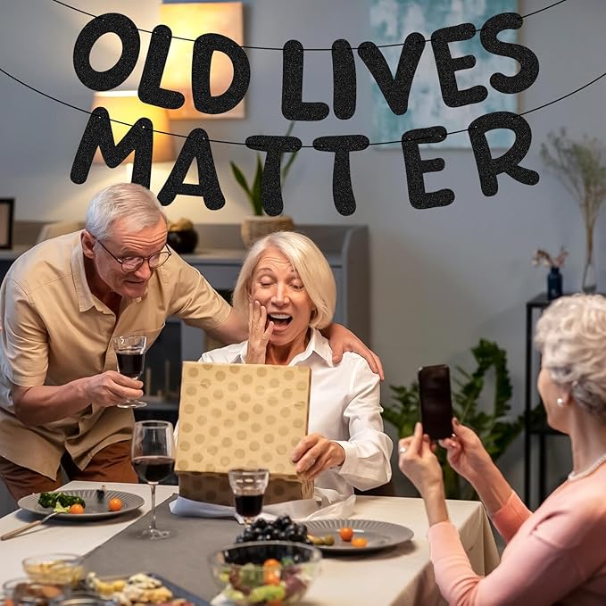 Pre Strung Old Lives Matter Banner 9.84 ft Funny Birthday Glitter Black Banner for Men Women Retirement Party Decorations 80th 70th 60th 50th 40th Retirement Party Garland Bunting Decorations