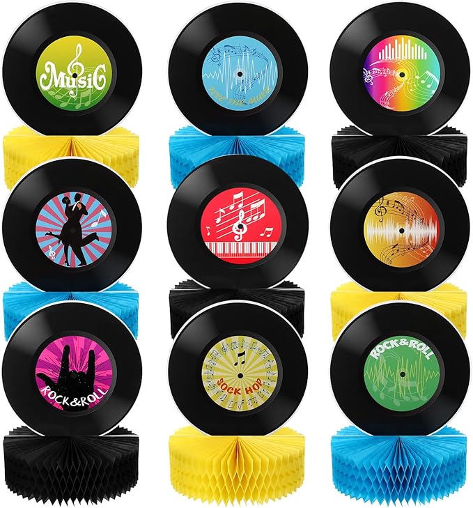 Jetec 9 Pieces Record Honeycomb Centerpieces 50s Sock Hop Party Decorations 70s Vinyl Rock and Roll Table Decor 3D Retro Music Table Centerpieces for 1950s Birthday Supplies Favors and Classroom Decor