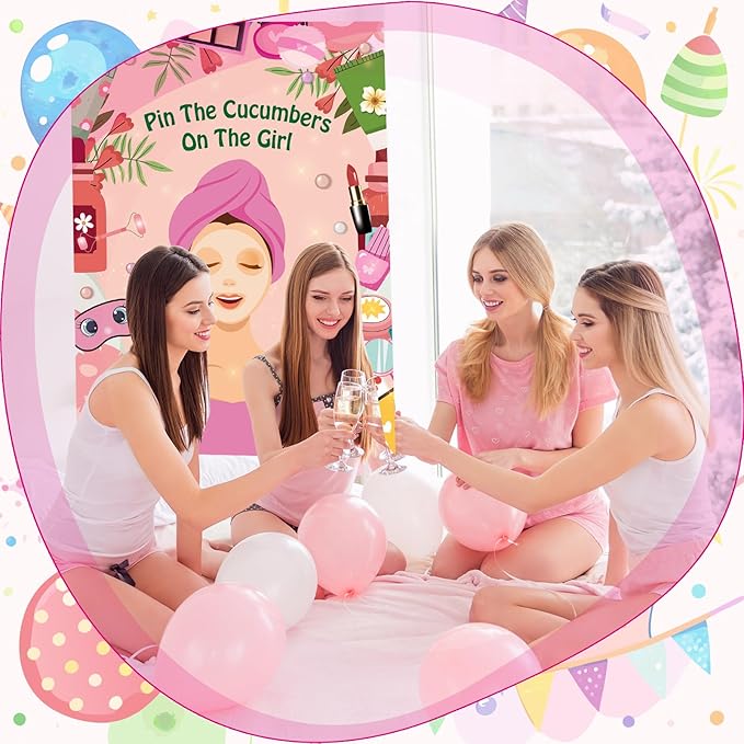 PLULON Spa Party Game for Girls Party, Pin The Cucumber on The Girl Spa Game Poster for Kids Girl Spa Birthday Makeup Sleepover Slumber Party Supplies Women Party Decor