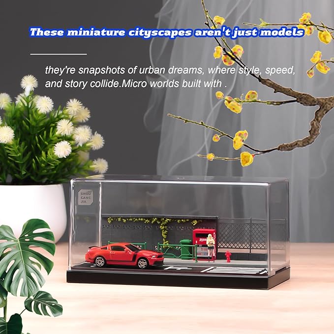 1/64 Model Car Display Case Diorama Garage,Simulated Parking Lot Model Miniature Scene Parking Lot PVC Assembly with Light Parking Space Model Display Frame Toy Display Box (Road Scene Garage)