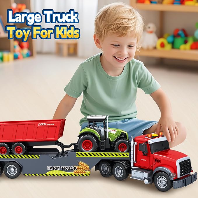 Toddler Boy Toys for 3 4 5 6 7 Years Kids, 21" Semi Flatbed Truck Toy with a Farm Truck, Friction Powered Vehicles Toys with Lights and Sounds, Birthday for Boy Girls