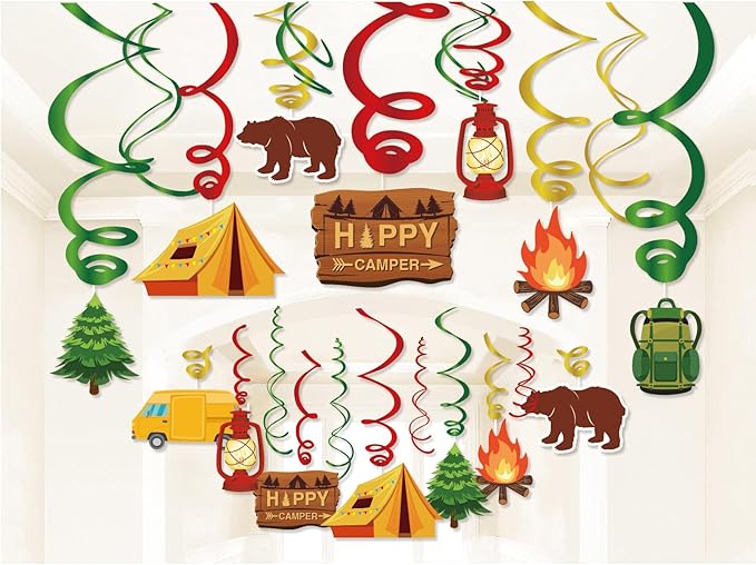 30 Pieces Camping Birthday Party Hanging Decorations, Happer Camper Hanging Swirls Decorations Foil Ceiling Streams Camping Theme Adventure Woodland Wile One Baby Shower Retirement Party Supplies