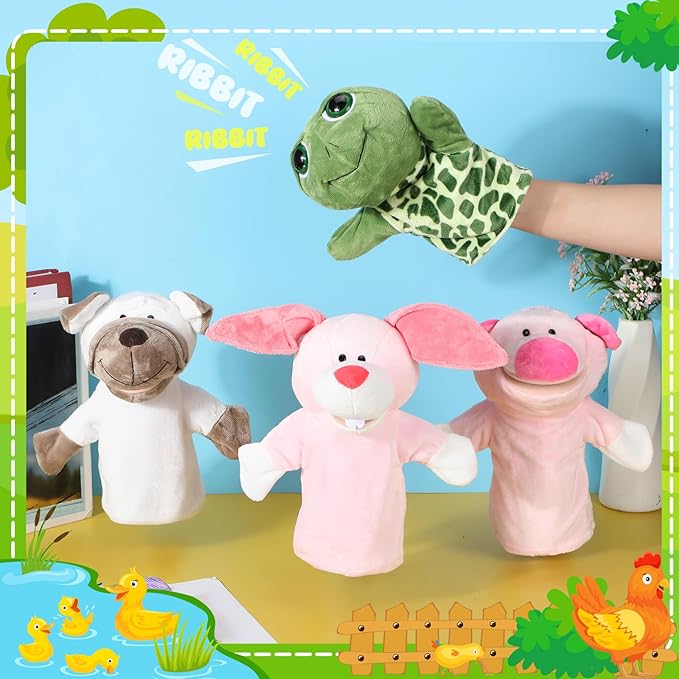 4 Pcs Hand Puppet Animal with Working Mouth 9.8 Inch Animal Puppet Soft Plush Toy for Storytelling Theater Preschool Birthday Gifts (Turtle, Rabbit, Pig, Dog)