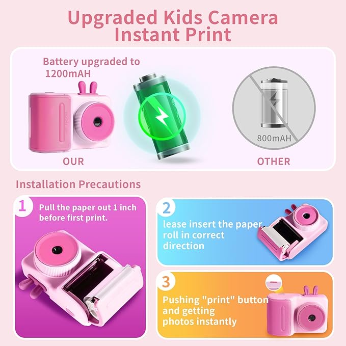 Kids Camera Instant Print for Boys and Girls Age 3-12, 1080P Kid Digital Camera with Print Paper Cameras for Kids Christmas Birthday Gifts Toy for Child 3 4 5 6 7 8 9 10 (Pink)