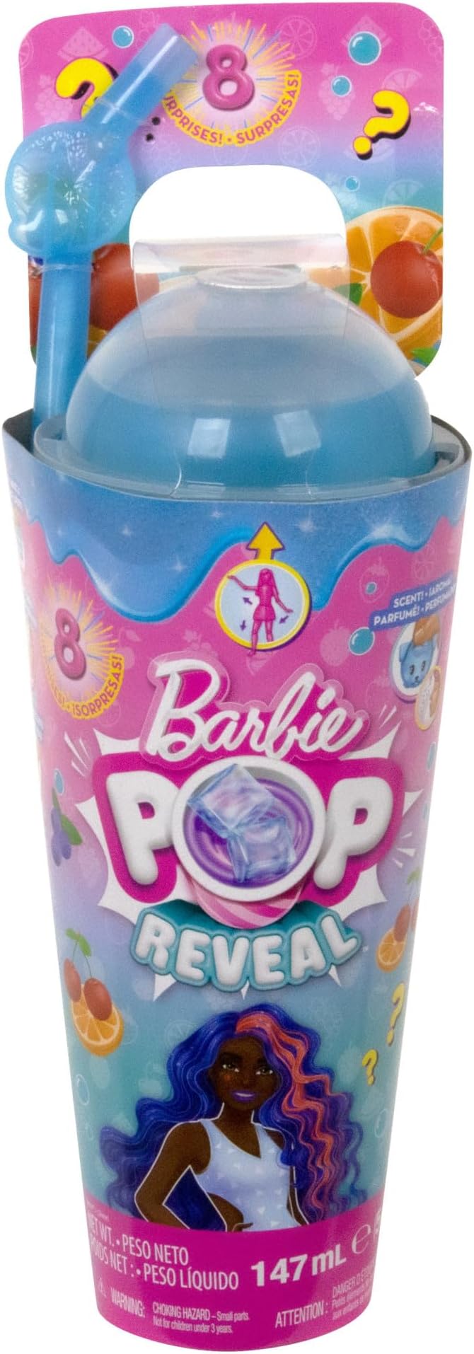 Barbie Pop Reveal Doll & Accessories, Fruit Punch Scent with Blue Hair, 8 Surprises Include Slime, Color Change & Puppy