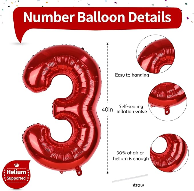 3rd Birthday Number Balloons for Girls Kids, 40 Inch Red Number Balloons 3 Large for 3rd 30th Birthday Party Decorations, Self Inflating Balloons Anniversary Graduation Party Decor Men Supplies