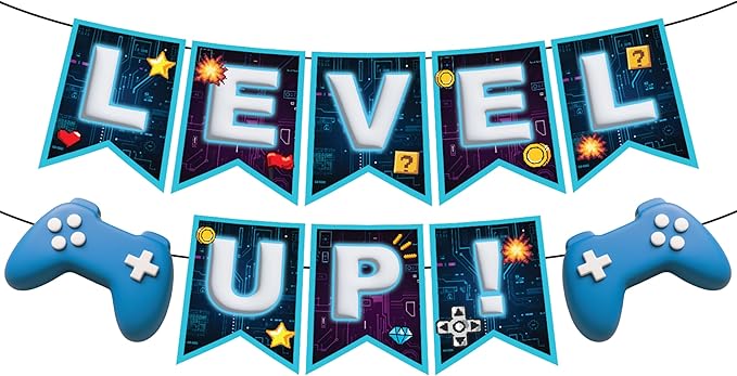Indotribe Level Up Banner - 10ft Preassembled Ready To Use Level Up Party Decorations Level Up Sign Video Game Party Decoration Happy Birthday Banner Game On Video Game Birthday Decorations