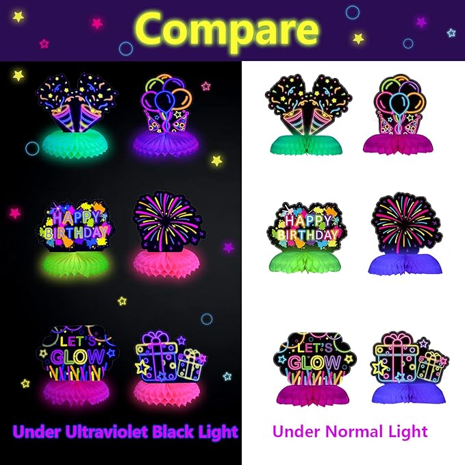 10 Pieces Glow in The Dark Party Table Decorations, Neon Table Honeycomb Centerpiece and Let's Glow Tablecloths Set - Black Light Table Topper Neon Decorations for Kids Glow in Dark Party Supplies