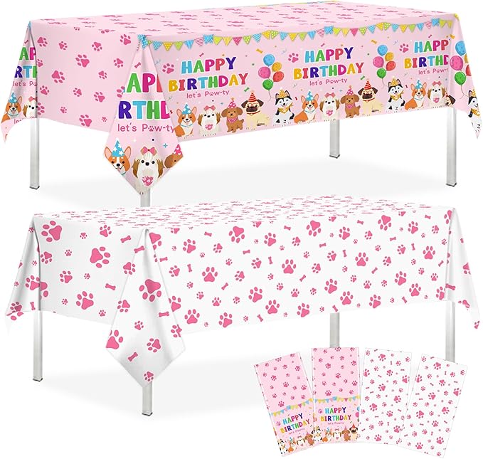 4 Pack Puppy Dog Tablecloth Pink Paw Print Table Cloth Disposable Rectangle Table Cover for Girls Kids Birthday Party Supplies, Puppy Pet Dog Themed Birthday Party Decorations