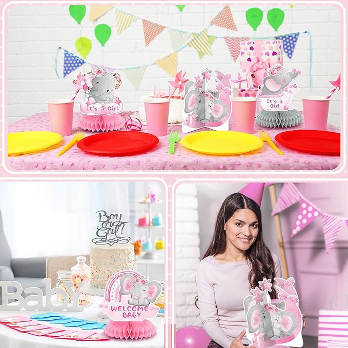 12 Pcs Pink Elephant Baby Shower Decorations Honeycomb Centerpieces Elephant Baby Shower Table Decoration Balloon Moon Flowers Table Topper for Birthday Party Favors Supplies