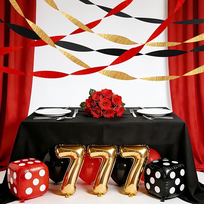 AOYOO 6 Rolls Casino Party Decorations Streamers - Red Black Gold Crepe Paper for Poker Night, Las Vegas Theme Birthday, Wedding Bridal Shower Theme Party Supplies, DIY Photo Backdrop