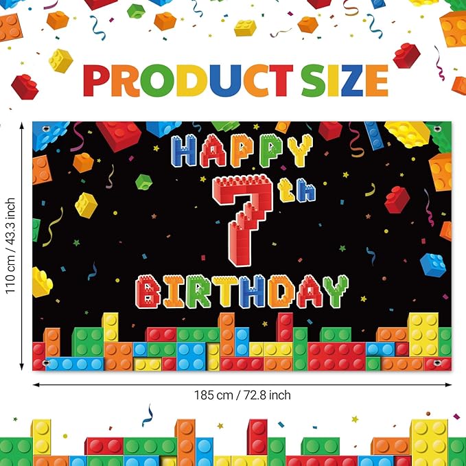 Panelee Building Block Birthday Banner Building Blocks Party Backdrop Decoration Happy Birthday Banner Photography Background for Party, 72.8 x 43.3 Inch(Black,7th)