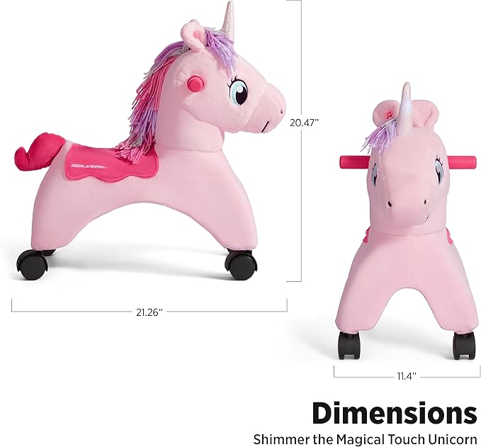 Radio Flyer Shimmer The Magic Unicorn Ride On, Ages 1-3, Interactive Lights & Sounds, Horn Lights Up While Riding, EZ-Glide 360-degree Wheels, Easy Grip Handles, Soft Plush Face, Toddler Ride On Toys