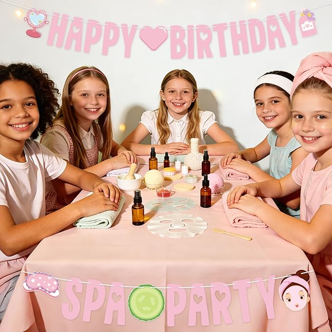 Spa Party Banner Spa Party Decorations Supplies for Girls Pink Happy Birthday Banner Sign Spa Themed Garlands for Princess Sleepovers Slumber Makeup Party Decorations