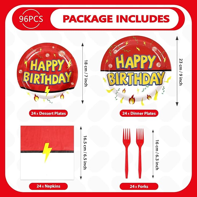 Grencian 200Pcs Happy Birthday Party Supplies Cartoon Anime Paper Plates and Napkins Tableware Sets Red and White Yellow Lightning Decoration for Birthday Cartoon Fun Kids Children Party Serves 50
