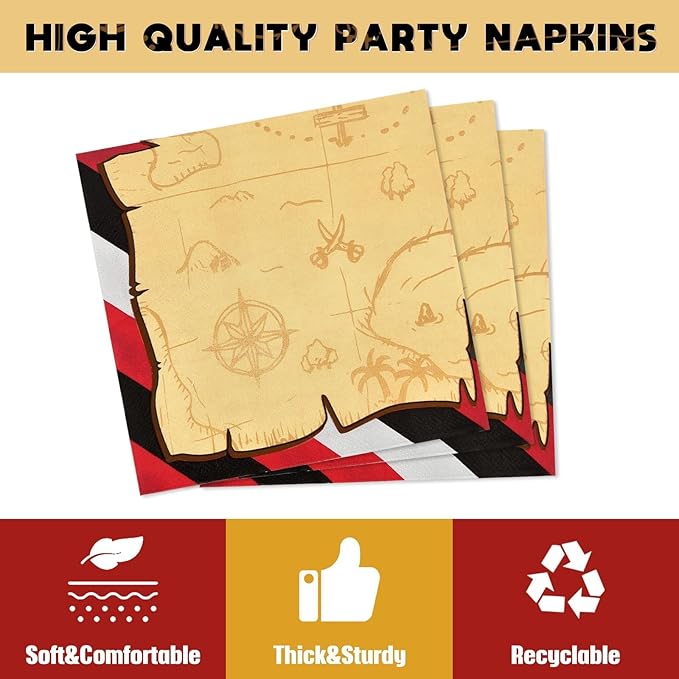 WERNNSAI Pirate Party Supplies - 64PCS Pirate Plates Napkins and Forks Treasure Map Party Decorations Nautical Birthday Plates and Napkins for Kids Boys Baby Shower Favors Serves 16 Guests