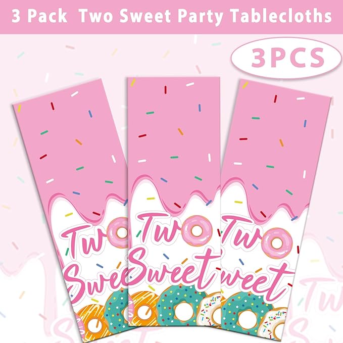 ZOIIWA 3 Pack Two Sweet Donut Birthday Party Tablecloths Decorations Girls Donut Themed Plastic Table Covers for Baby Girl 2nd Birthday Supplies Pink Party Favors Table Decor 54 x 108 Inch