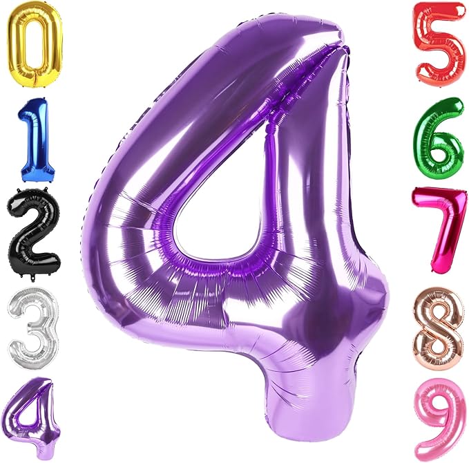 40 Inch Purple Number 4 Balloon, Giant 4 Number Balloons for 4th Birthday Decorations, Party Supplies for Baby Boy Girl, Purple Party Decor
