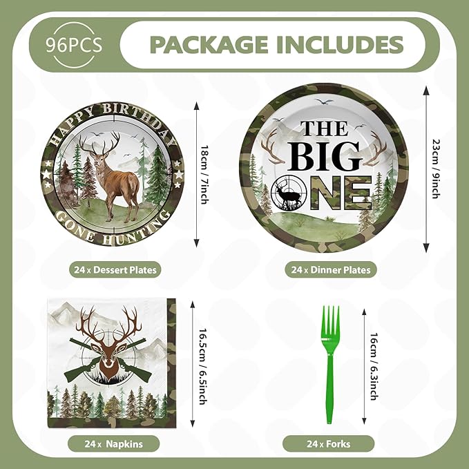 96Pcs The Big One Hunting 1st Birthday Party Decorations The Big One Plates and Napkins Disposable Hunting Camo Tableware Set for Boy Gone Hunting Deer Camo Theme First Birthday Party Supplies Serve24