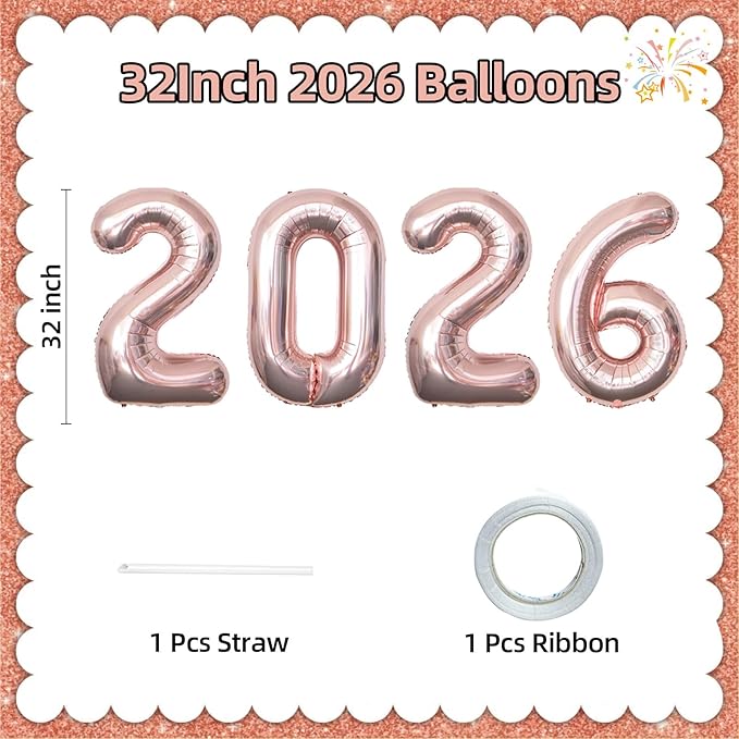 KALOR 32 Inch 2026 Rose Gold Foil Number Balloons, 2026 New Years Decorations for 2026 Happy New Year Eve and Graduations Party Supplies