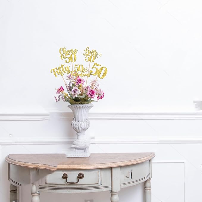 15PCS Happy 50th Birthday Centerpiece Sticks Hello 50 Fabulous Table Flower Centerpieces Sticks Fifty Cheers to 50 Years Floral Decoration for Happy 50th Birthday Party Centerpieces Sticks Gold