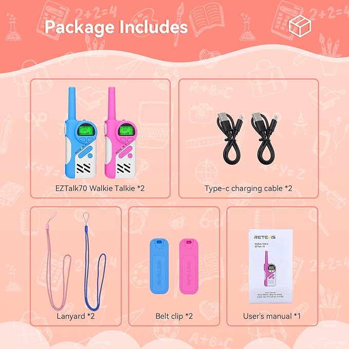 Retevis RT388 Walkie Talkies Rechargeable, 2 Way Radio Long Range, Girs Toys for 6-12 Year Old 2 pcs Bundle with EZTalk 70 Rechargeable Walkie Talkies for Kids, Safety Mode, Birthday Gifts 2 Pcs