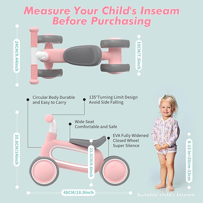 Baby Balance Bike for 1 Year Old Girls Gifts, 10-12 Months No Pedal Toddler Balance Bike with 4 Silence Wheels, 1st Birthday Gift, Ride On Toys for Boys Girls 1 Years Old, Pink