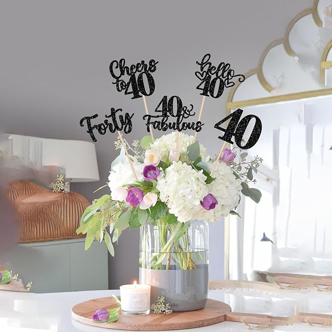 15PCS Happy 40th Birthday Centerpiece Sticks Hello 40 Cheers to 40 Birthday Table Flower Centerpieces Sticks Forty 40 Fabulous Floral Decorations for 40th Birthday Party Centerpieces Supplies Black