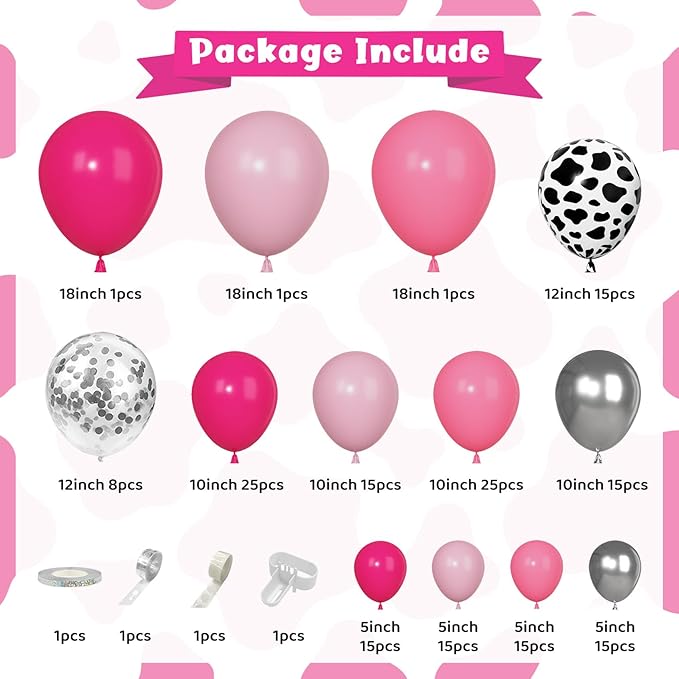 170Pcs Cowgirl Balloons Arch Garland Kit, Hot Pink Silver Cow Print Balloons for Last Rodeo Bachelorette Western Let's Go Girl Cowgirl Baby Shower Birthday Disco Party Decorations Supplies