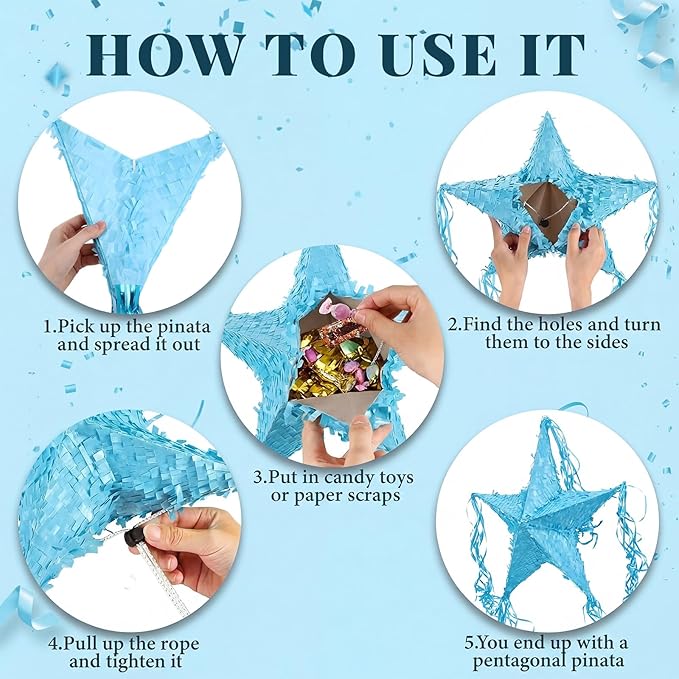 Hanaive Foil Star Piñata with Blindfold and Bat for Birthday Foldable Star Shape Piñata with Stick Festive Fiesta Party Supplies Favors for Mexican Party (Blue)