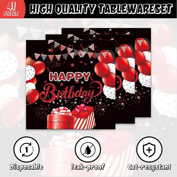 41pcs Black and Red Party Decoration,Black Red Birthday Party set Include dessert plate,Napkin and Tablecloth,Used for Black and Red Birthday Party Supplies