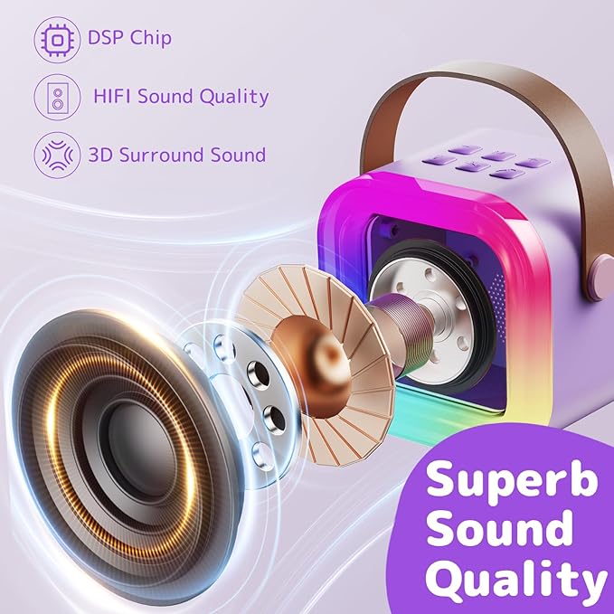 Fede Karaoke Machine for Kids Adults, Mini Karaoke Machine with 2 Wireless Microphones, Portable Bluetooth Speaker with Voice Changing Effects & LED Lights, Best Gifts Toys for Girls and Boys