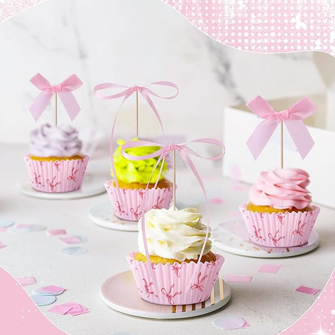 81 Pcs Pink Bow Cupcake Liners Set 50 Pink Bow Cupcake Liners and 31 Bowknot Ribbons Cake Toppers Coquette Birthday Cake Decorations for Bachelorette Bridal Baby Shower Birthday Wedding Party Supplies