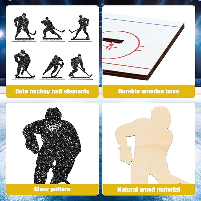 6 Pcs Hockey Party Table Decoration Wooden Sports Table Sign Glitter Ice Hockey Players Silhouette Centerpieces Ice Puck Tiered Tray Decor for Fans Club Sport Birthday Tailgate Party Supplies