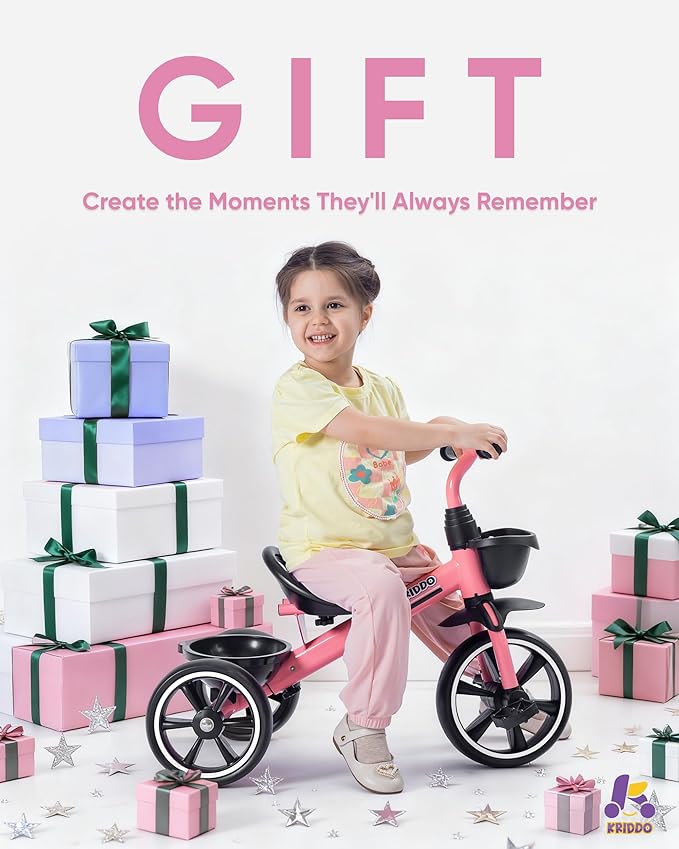 KRIDDO Tricycle for 2-5 Year Olds - Pink Toddler Trike With Gift for 24 Month to 4 Year Old Girls