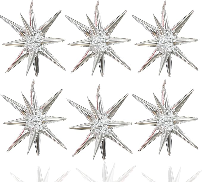 6 Pcs Silver Star Foil Balloons One-Piece 14-Pointed Star Balloon 4D Cone Mylar 22inch Christmas Birthday Wedding Fireworks Shape Party Supplies (Silver)
