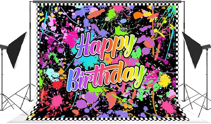 Lofaris Neno Glow in The Dark Birthday Backdrops for Photography Colorful Graffiti Splash Paint Party Background Slime Happy Birthday Theme Black Light Sleppover Party Decorations