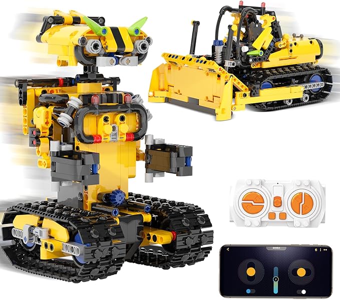2-in-1 Build a Robot Kit, Remote & APP Controlled Robotic Building Blocks Toys STEM Projects for Kids Ages 8 9 10 11 12 13 14,Chirstmas Birthday Gift for Boys (RC Bulldozer)
