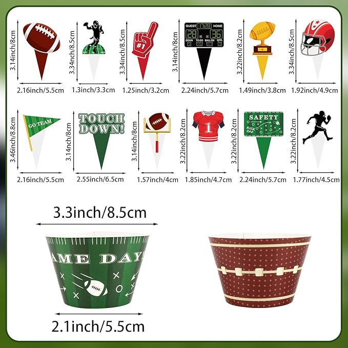 48 Pack Football Cupcake Toppers and Wrappers, Football Rugby Go Team Cake Decoration for Football Theme Birthday Party Sports Game Day Party Supplies