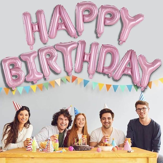 Happy Birthday Balloons Banner Pink 16 Inch Mylar Foil Letters