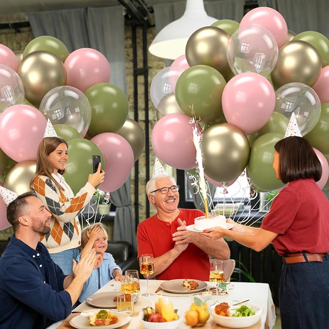 Retro Sage Green and Pink Balloons, 12 inch Metallic Gold Olive Green Pink Clear Latex Balloon for Jungle Safari, Christmas, Nutcracker, Woodland, Birthday Party Decoration