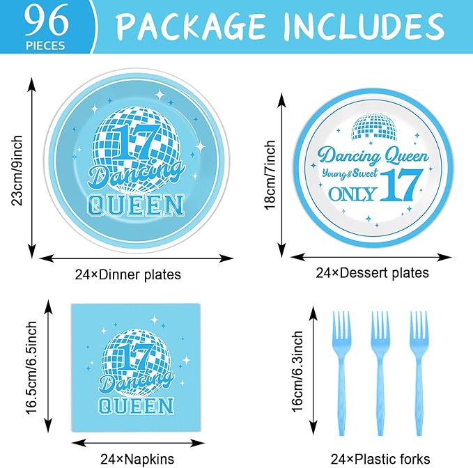 96Pcs Dancing Queen 17th Birthday Party Supplies Young and Sweet Only 17 Birthday Paper Plates Napkins Disposable Dancing Queen Disco Dinnerware for Party Bachelorette Decoration Serve 24