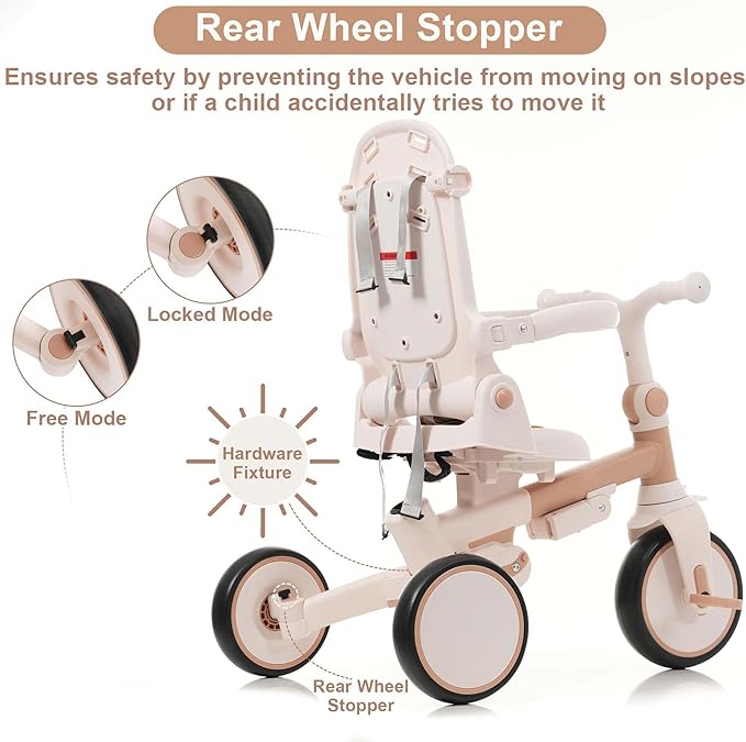 7-in-1 Baby Tricycle with Adjustable Parent Handle - Foldable Toddler Bike w/Removable Canopy & Guardrail, Aluminum Alloy Frame Stroller Bike for 1-6 Years Old (12-72 Months) (Light Brown)